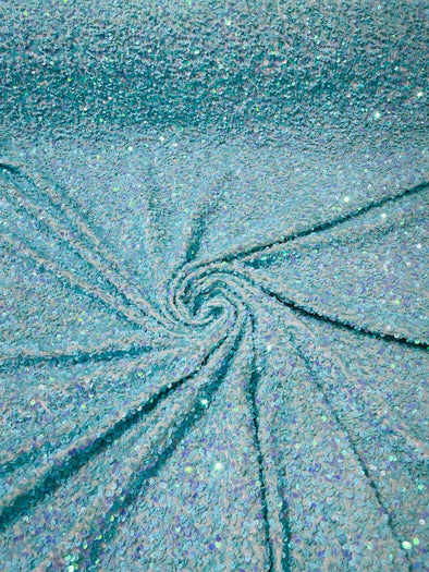 Mint Iridescent 54" Stretch Velvet with Luxury Sequins All Over 5mm Shining Sequins 2-Way Stretch. Sold by the yard.