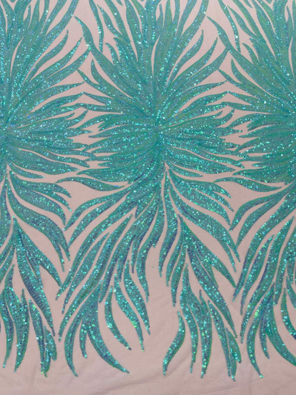 Mint Iridescent Phoenix Feather Design with Sequins Embroider on a White 4 way Stretch Mesh Fabric- Sold by the yard.