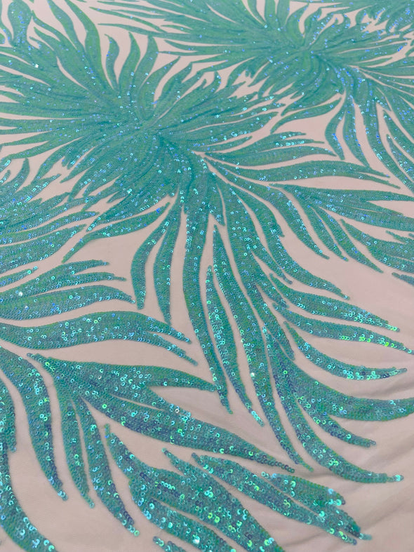 Mint Iridescent Phoenix Feather Design with Sequins Embroider on a White 4 way Stretch Mesh Fabric- Sold by the yard.