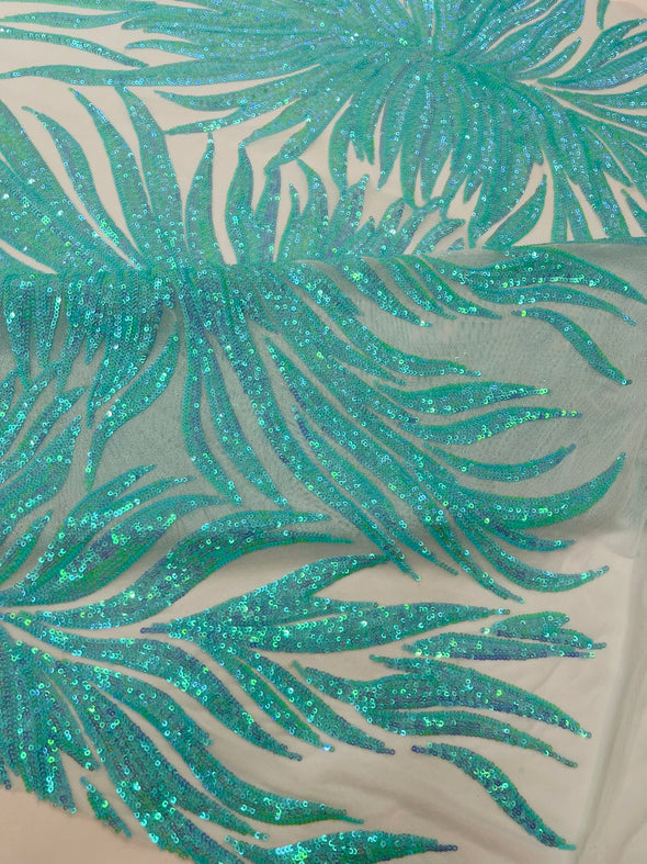 Mint Iridescent Phoenix Feather Design with Sequins Embroider on a White 4 way Stretch Mesh Fabric- Sold by the yard.