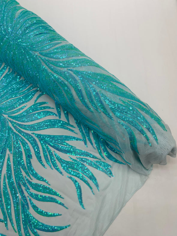 Mint Iridescent Phoenix Feather Design with Sequins Embroider on a White 4 way Stretch Mesh Fabric- Sold by the yard.