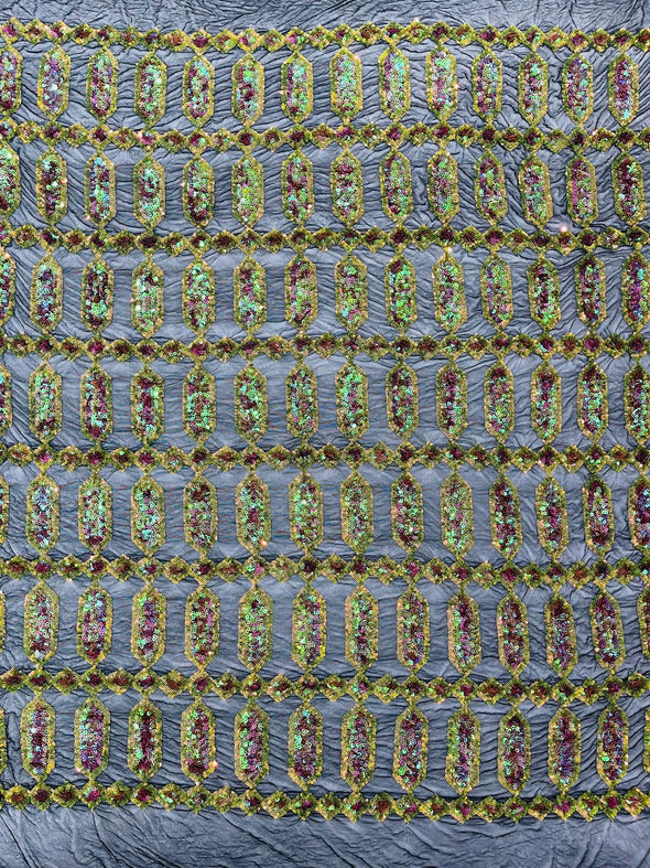 Multi Color Iridescent Jewel Sequin Design On a 4 Way Stretch Mesh Fabric - Sold By The Yard