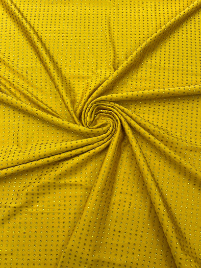 Mustard Rhinestone 4 Way Nylon Spandex Fabric By The Yard.