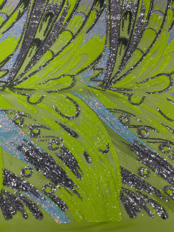 Neon Green Silver On Green Iridescent Feather sequin design on a Blue 4 way stretch mesh Fabric-prom- Sold by the yard