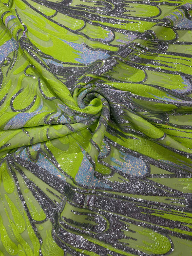 Neon Green Silver On Green Iridescent Feather sequin design on a Blue 4 way stretch mesh Fabric-prom- Sold by the yard