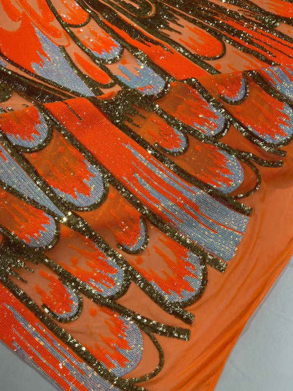 Neon Orange Gold Aqua On Orange Iridescent Feather sequin design on a Blue 4 way stretch mesh Fabric-prom- Sold by the yard