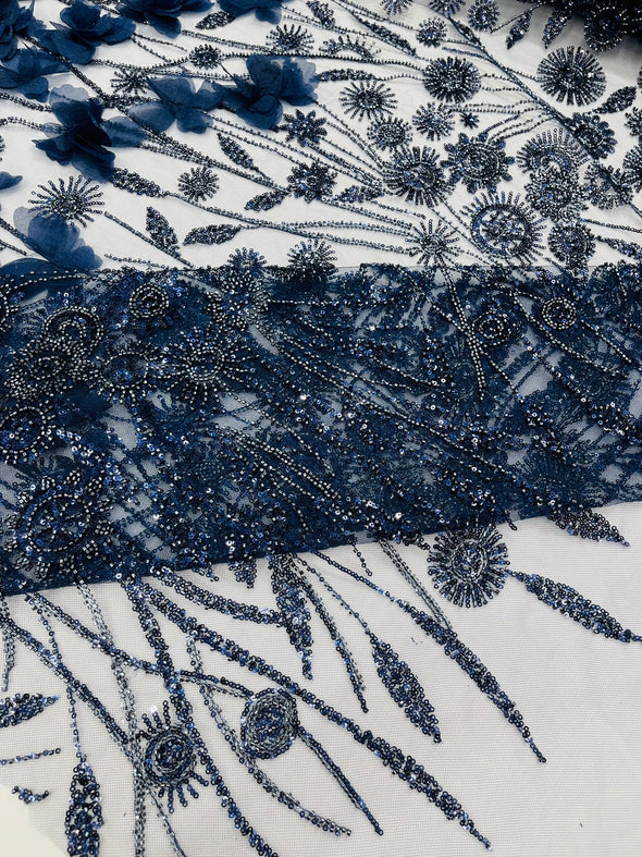 Navy Blue Luxury 3D Floral/Butterfly Beaded Lace, Sold by The Yard.