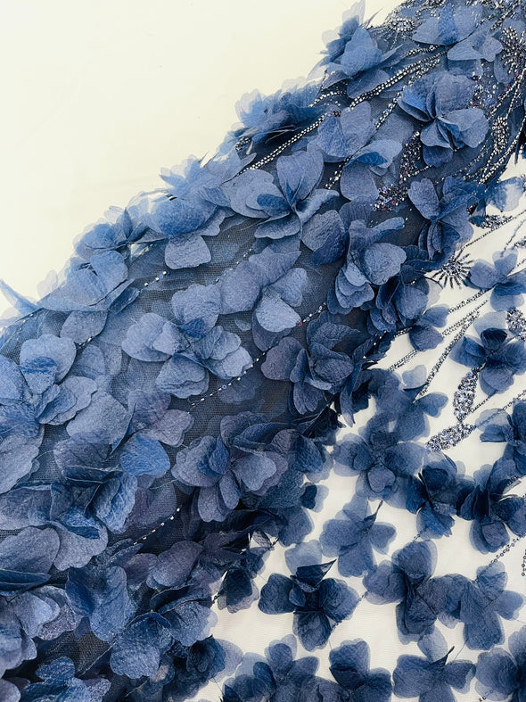 Navy Blue Luxury 3D Floral/Butterfly Beaded Lace, Sold by The Yard.