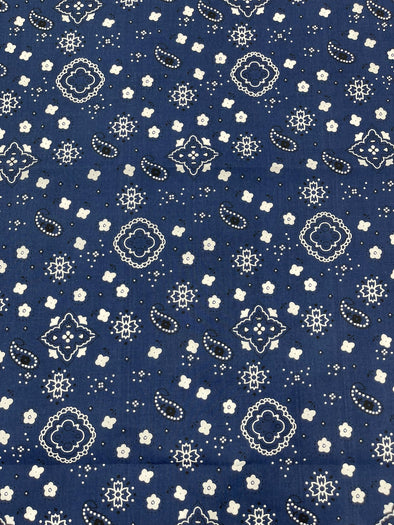 Navy Blue 58/59" Wide 65% Polyester 35 Percent Poly Cotton Bandanna Print Fabric, Good for Face Mask Covers, Sold By The Yard