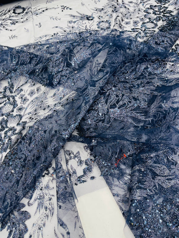 Big Glitter Damask Design On A Mesh Lace Fabric/Prom/Sold By The Yard