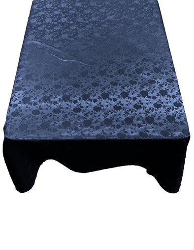 Navy Blue Roses Jacquard Satin Rectangular Tablecloth Seamless/Party Supply.