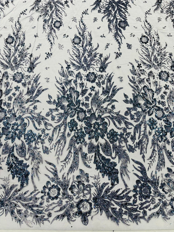 Big Glitter Damask Design On A Mesh Lace Fabric/Prom/Sold By The Yard