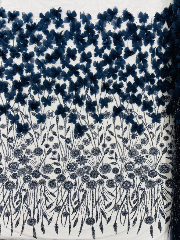 Navy Blue Luxury 3D Floral/Butterfly Beaded Lace, Sold by The Yard.