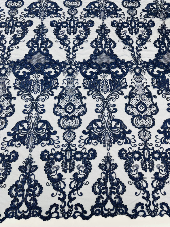 Navy Blue Embroidery Damask Design With Sequins On A Mesh Lace Fabric/Prom/Wedding