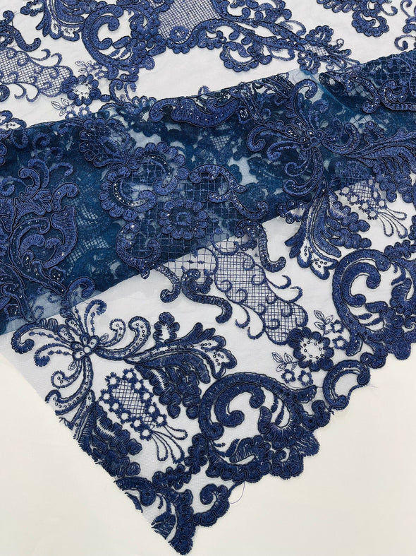 Navy Blue Embroidery Damask Design With Sequins On A Mesh Lace Fabric/Prom/Wedding