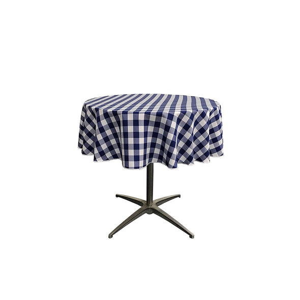 Navy Blue Polyester Poplin Checkered Gingham Plaid Round Tablecloth.