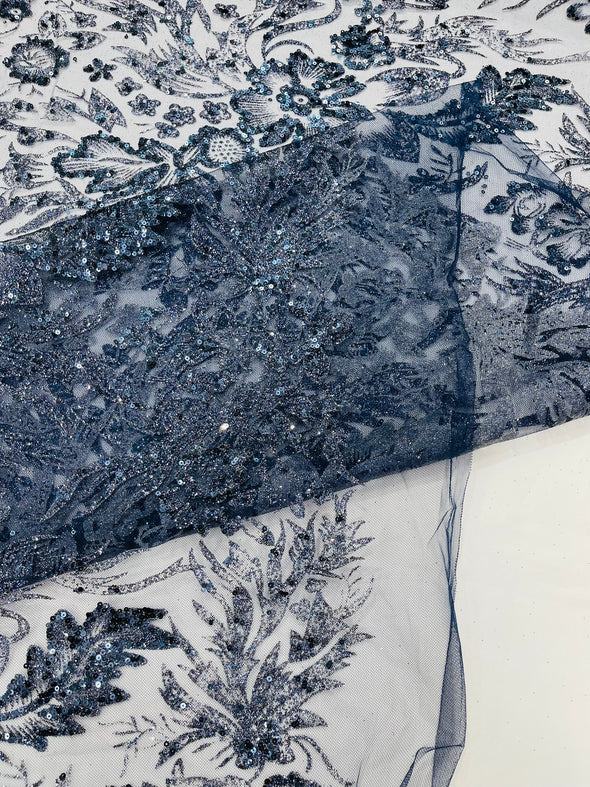 Big Glitter Damask Design On A Mesh Lace Fabric/Prom/Sold By The Yard