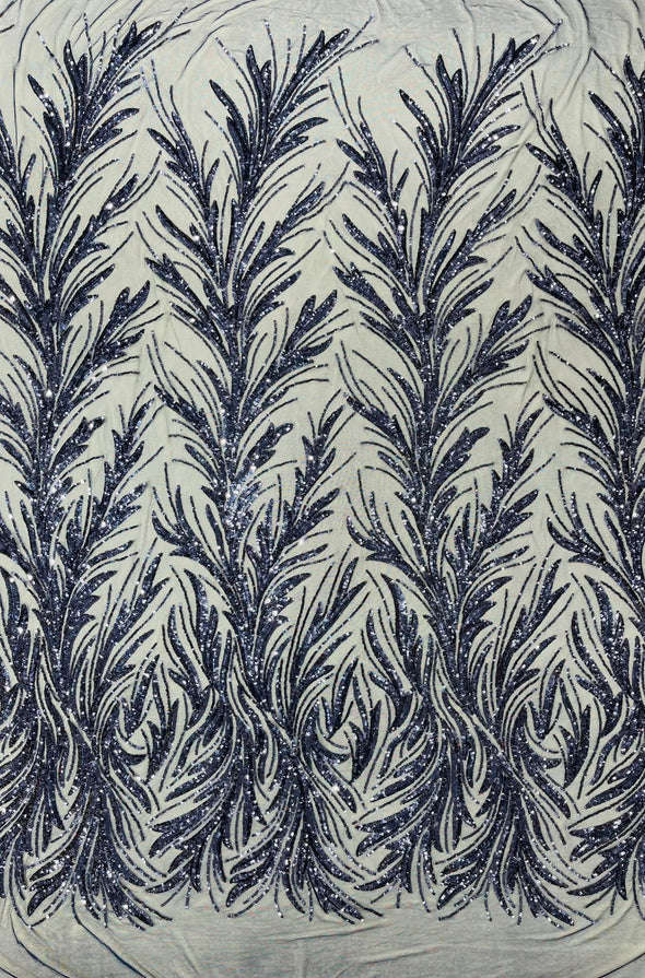 Navy Blue Feather damask shiny sequin design on a 4 way stretch mesh Fabric-prom-Sold by the yard