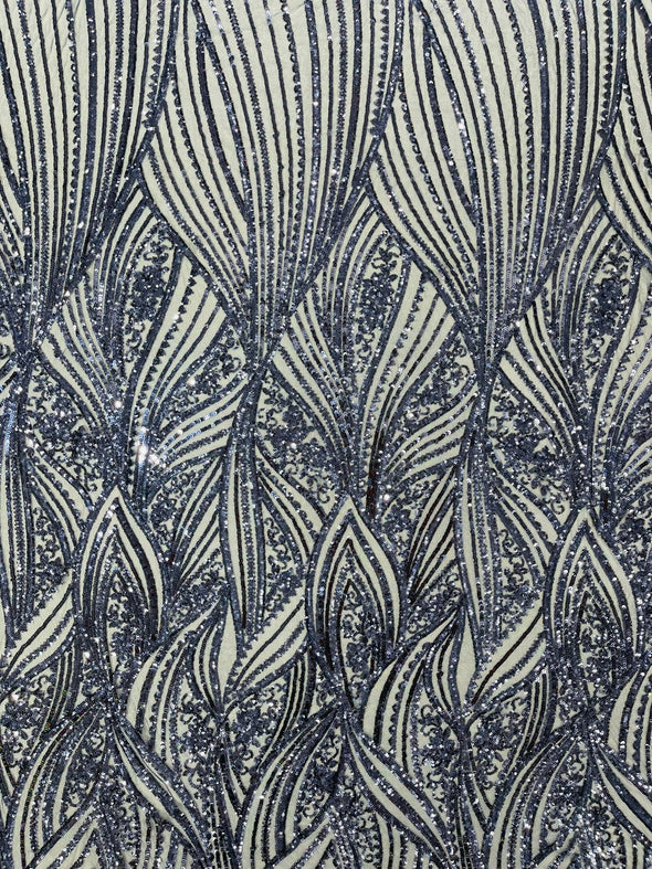 Navy Blue Shiny Geometric Feather wing shiny sequin design on a 4 way stretch mesh Fabric-prom-sold by the yard.