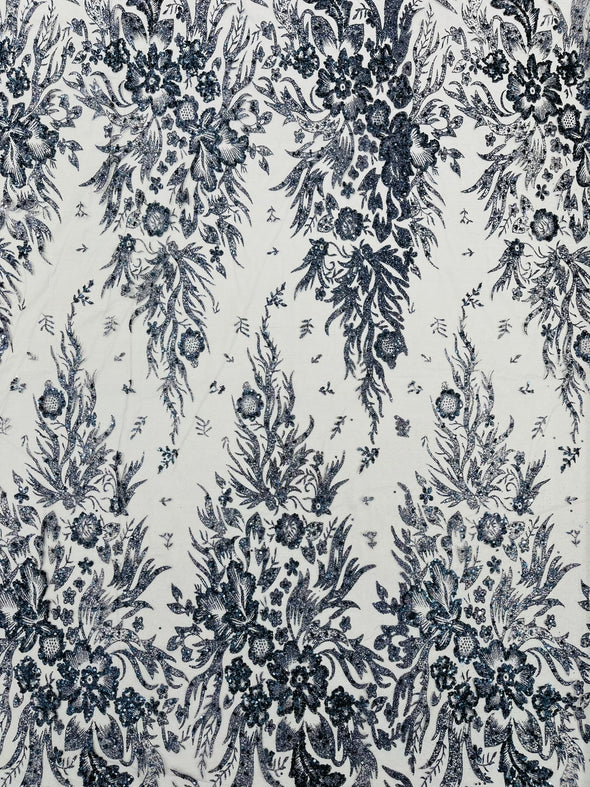 Big Glitter Damask Design On A Mesh Lace Fabric/Prom/Sold By The Yard