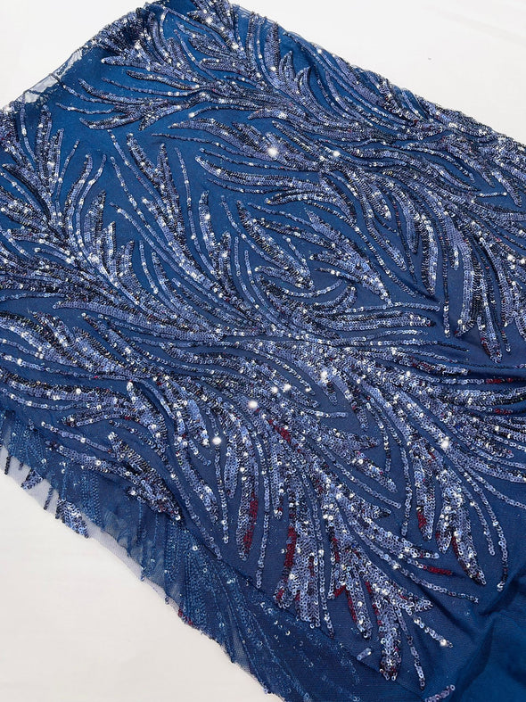 Navy Blue Feather damask shiny sequin design on a 4 way stretch mesh Fabric-prom-Sold by the yard