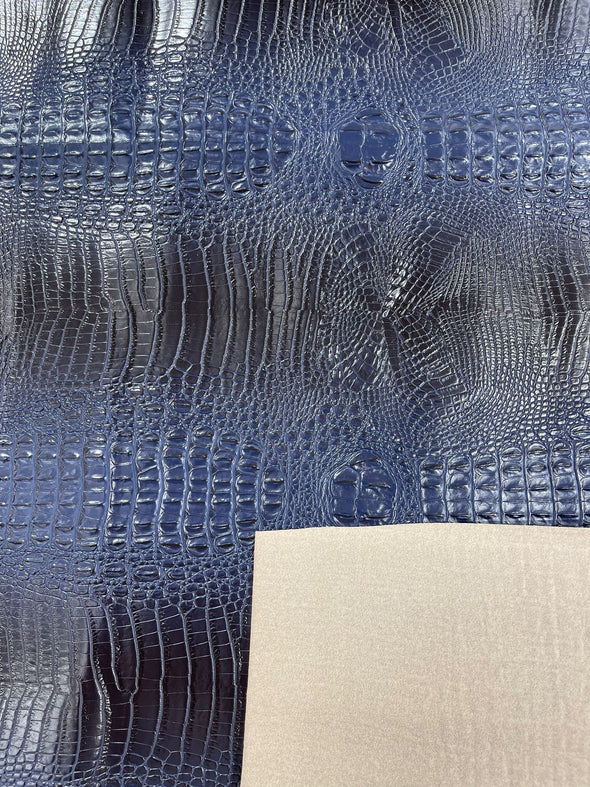 Navy Blue 54” Wide Gator Two Tone Fake Leather Upholstery, 3-D Crocodile Skin Texture Faux Leather PVC Vinyl Fabric Sold by The Yard.