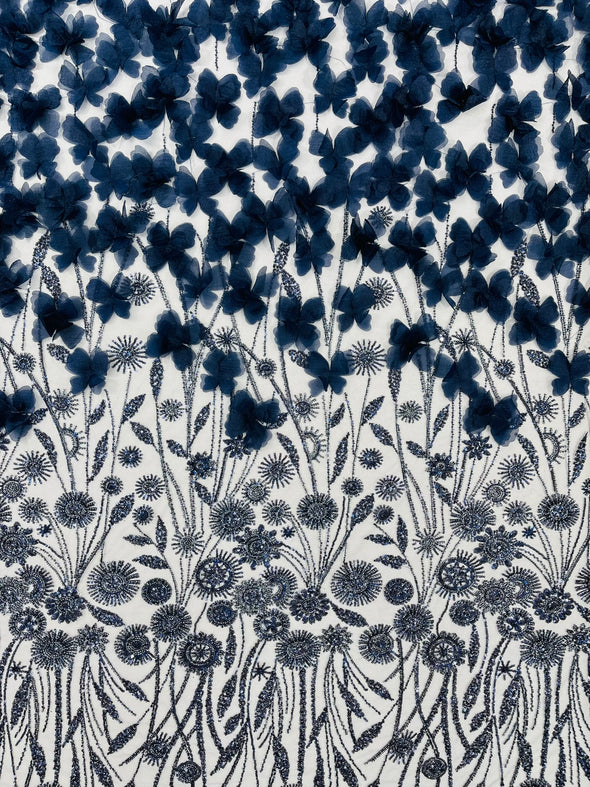 Navy Blue Luxury 3D Floral/Butterfly Beaded Lace, Sold by The Yard.