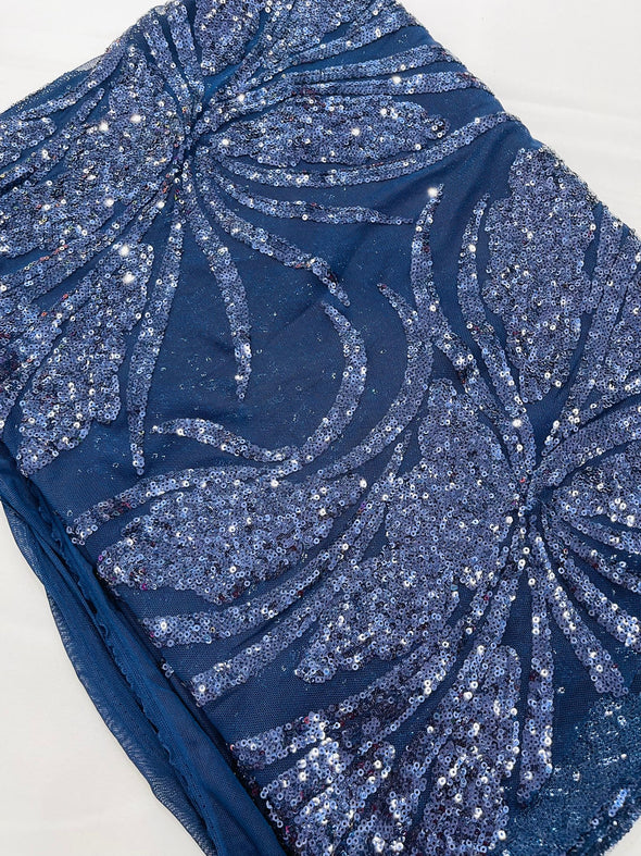 Navy Blue Feather damask shiny sequin design on a 4 way stretch mesh Fabric-prom-Sold by the yard