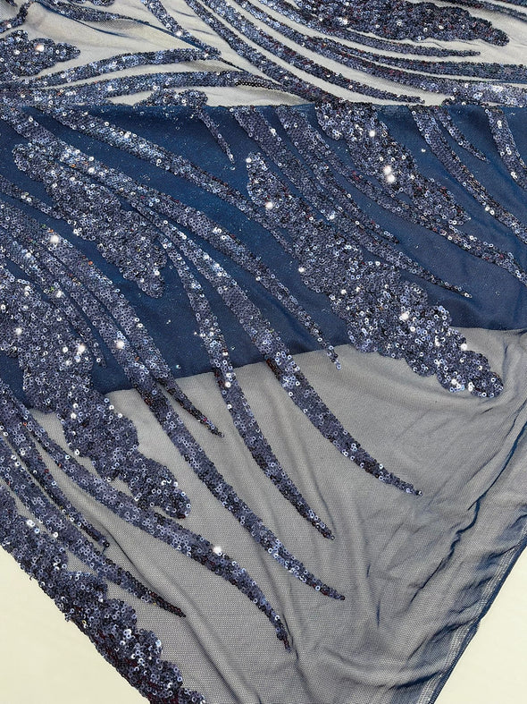 Navy Blue Feather damask shiny sequin design on a 4 way stretch mesh Fabric-prom-Sold by the yard