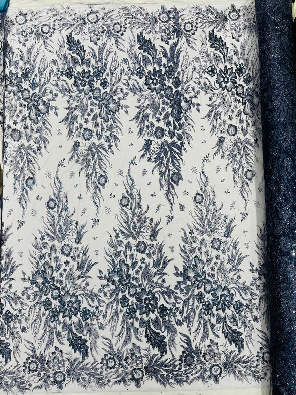 Big Glitter Damask Design On A Mesh Lace Fabric/Prom/Sold By The Yard