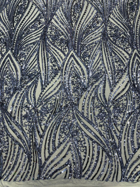 Navy Blue Shiny Geometric Feather wing shiny sequin design on a 4 way stretch mesh Fabric-prom-sold by the yard.