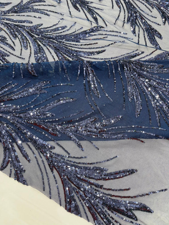 Navy Blue Feather damask shiny sequin design on a 4 way stretch mesh Fabric-prom-Sold by the yard