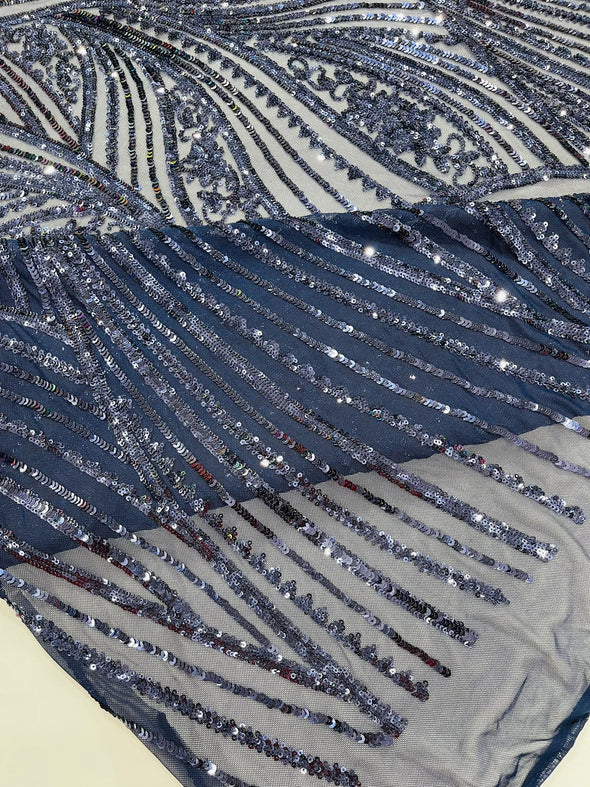 Navy Blue Shiny Geometric Feather wing shiny sequin design on a 4 way stretch mesh Fabric-prom-sold by the yard.