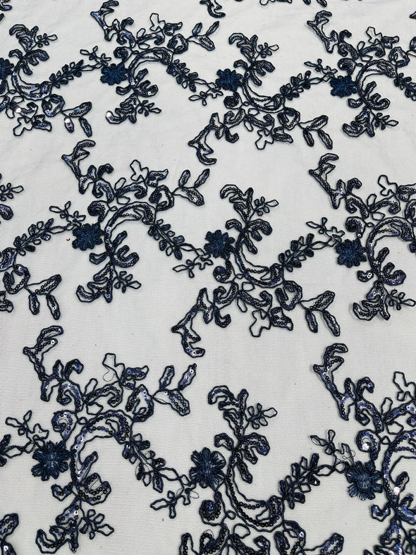 Navy Blue Flower lace corded and embroider with sequins on a mesh- Sold by the yard
