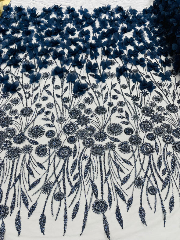 Navy Blue Luxury 3D Floral/Butterfly Beaded Lace, Sold by The Yard.