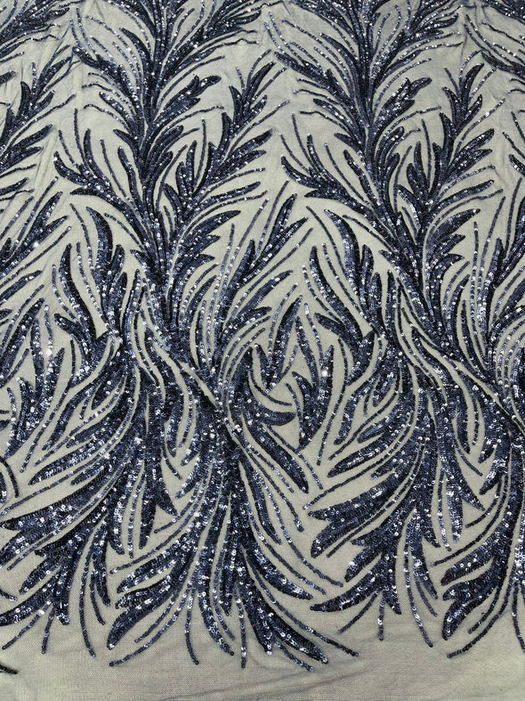 Navy Blue Feather damask shiny sequin design on a 4 way stretch mesh Fabric-prom-Sold by the yard