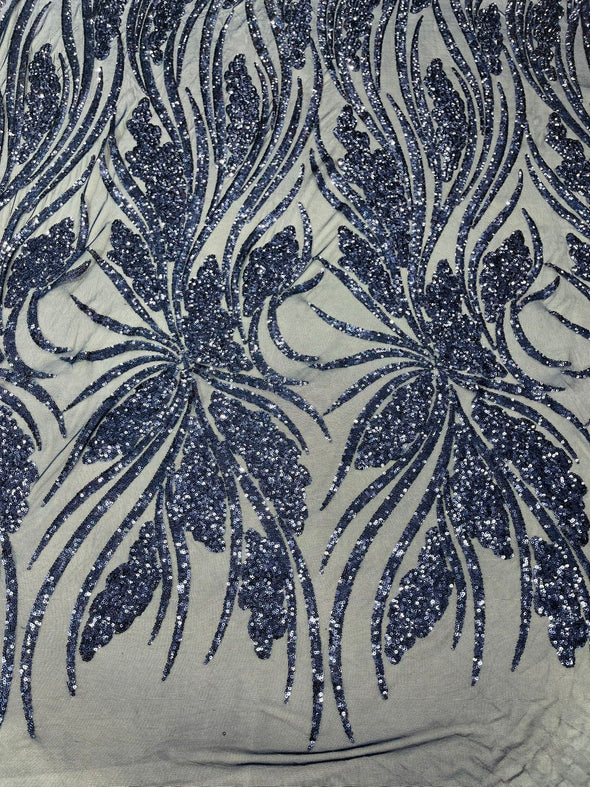 Navy Blue Feather damask shiny sequin design on a 4 way stretch mesh Fabric-prom-Sold by the yard