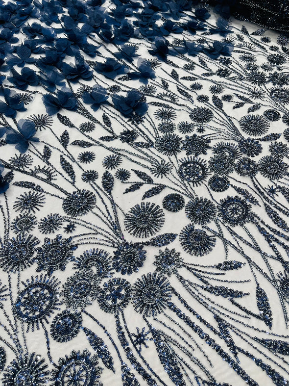 Navy Blue Luxury 3D Floral/Butterfly Beaded Lace, Sold by The Yard.