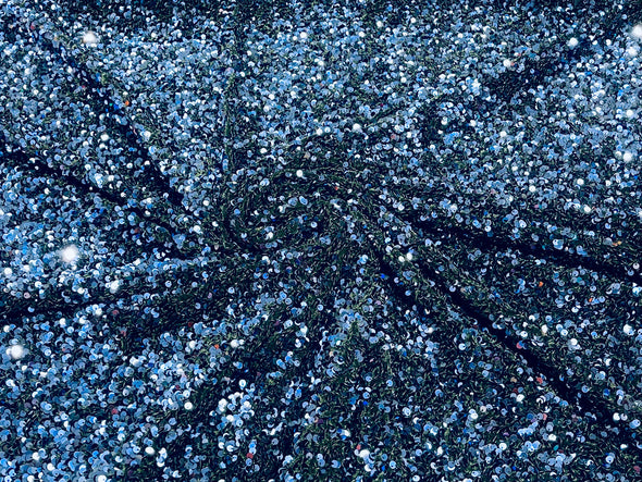 Navy Blue 54" Stretch Velvet with Luxury Sequins All Over 5mm Shining Sequins 2-Way Stretch. Sold by the yard.