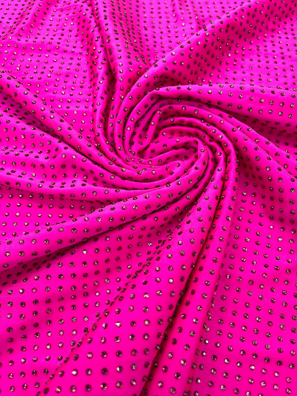 Neon Fuchsia Rhinestone 4 Way Nylon Spandex Fabric By The Yard.