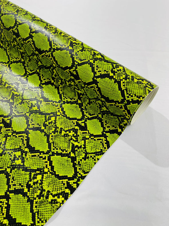 Neon Green 54" Wide Snake Fake Leather Upholstery, 3D Viper Snake Skin Texture Faux Leather PVC Vinyl Fabric by The Yard.