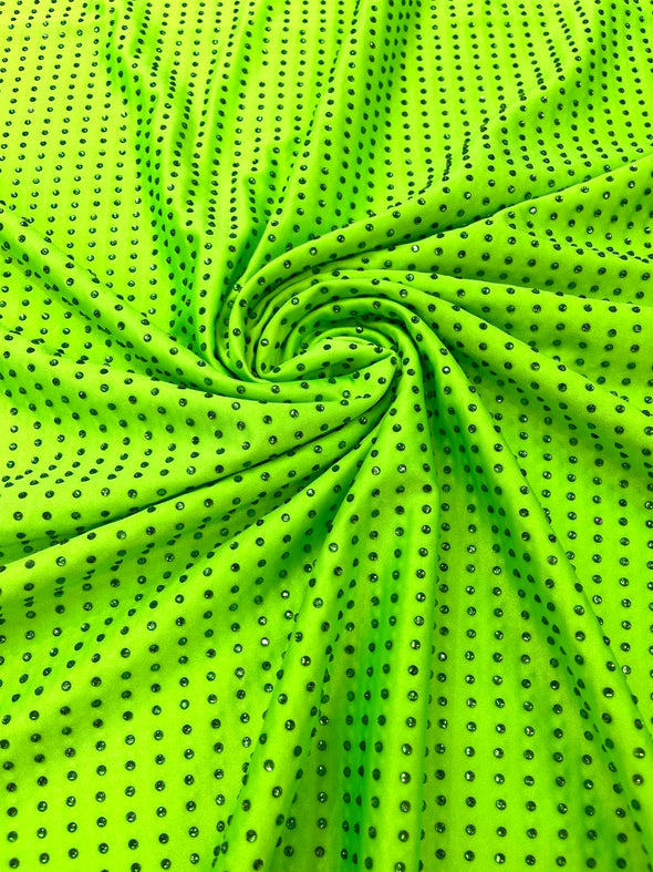 Neon Green Rhinestone 4 Way Nylon Spandex Fabric By The Yard.