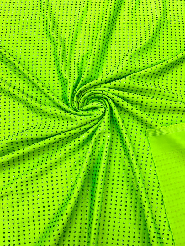 Neon Green Rhinestone 4 Way Nylon Spandex Fabric By The Yard.