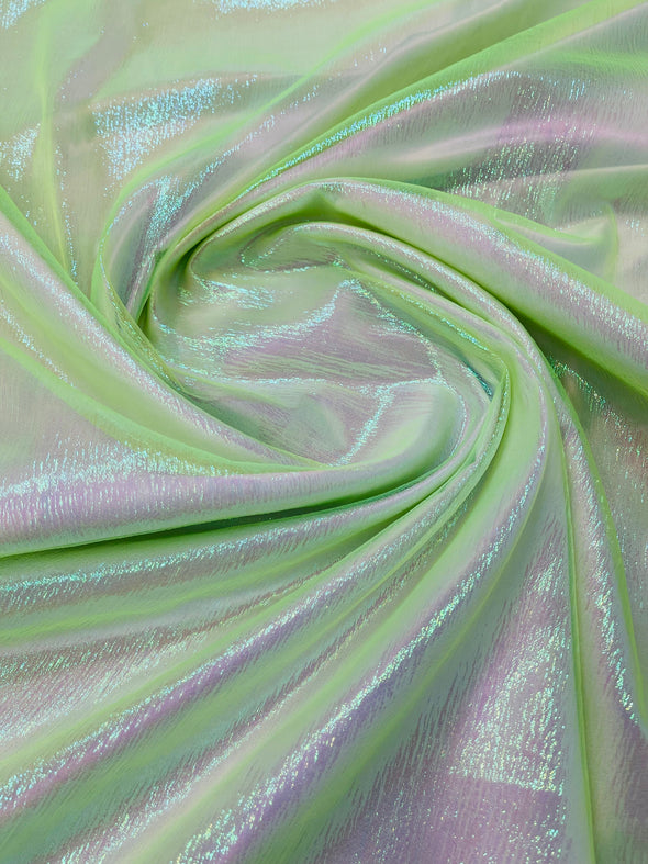 Neon Green Crush Iridescent Shimmer Organza Fabric 45” Wide, Sells by The Yard.