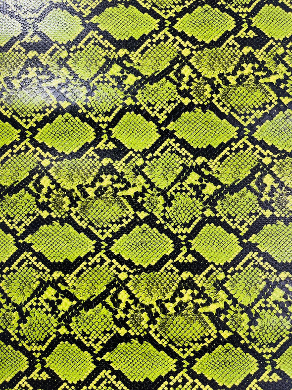 Neon Green 54" Wide Snake Fake Leather Upholstery, 3D Viper Snake Skin Texture Faux Leather PVC Vinyl Fabric by The Yard.