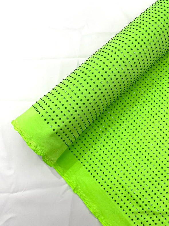 Neon Green Rhinestone 4 Way Nylon Spandex Fabric By The Yard.