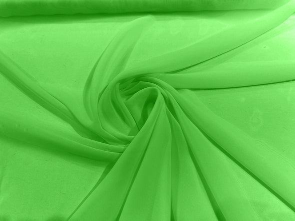 Neon Green Polyester 58/60" Wide Soft Light Weight, Sheer, See Through Chiffon Fabric Sold By The Yard.