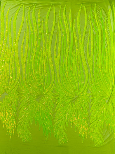 Neon Green Iridescent Sequin Wings design on a Green 4 way stretch mesh fabric- prom-nightgown-By the yard