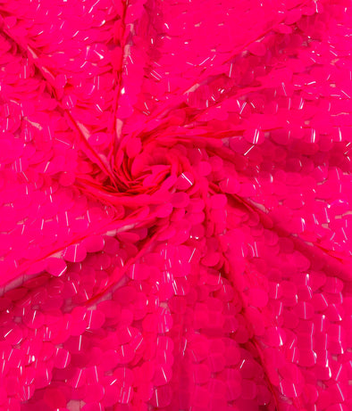 Neon Hot Pink Jumbo Sequins Oval Sequin Paillette/Tear Drop Mermaid Big Sequins Fabric On Hot Pink Mesh/ 54 Inches Wide