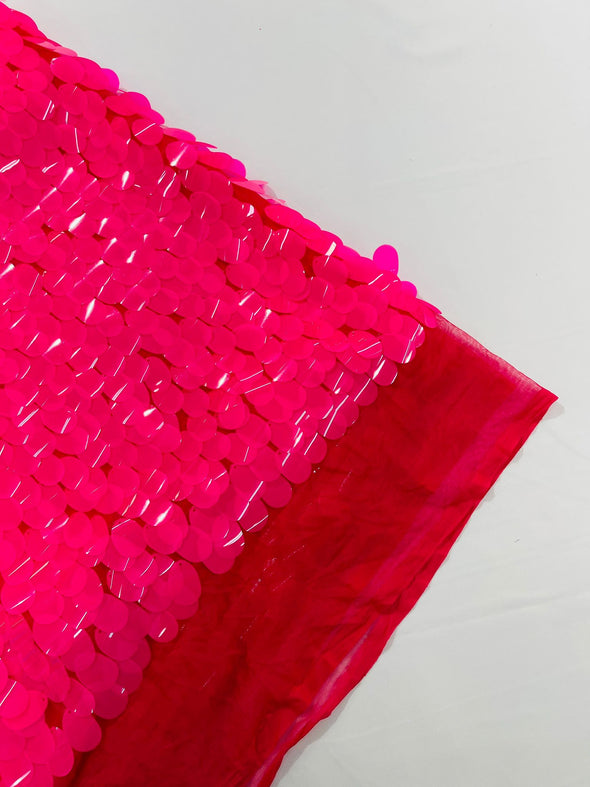 Neon Hot Pink Jumbo Sequins Oval Sequin Paillette/Tear Drop Mermaid Big Sequins Fabric On Hot Pink Mesh/ 54 Inches Wide